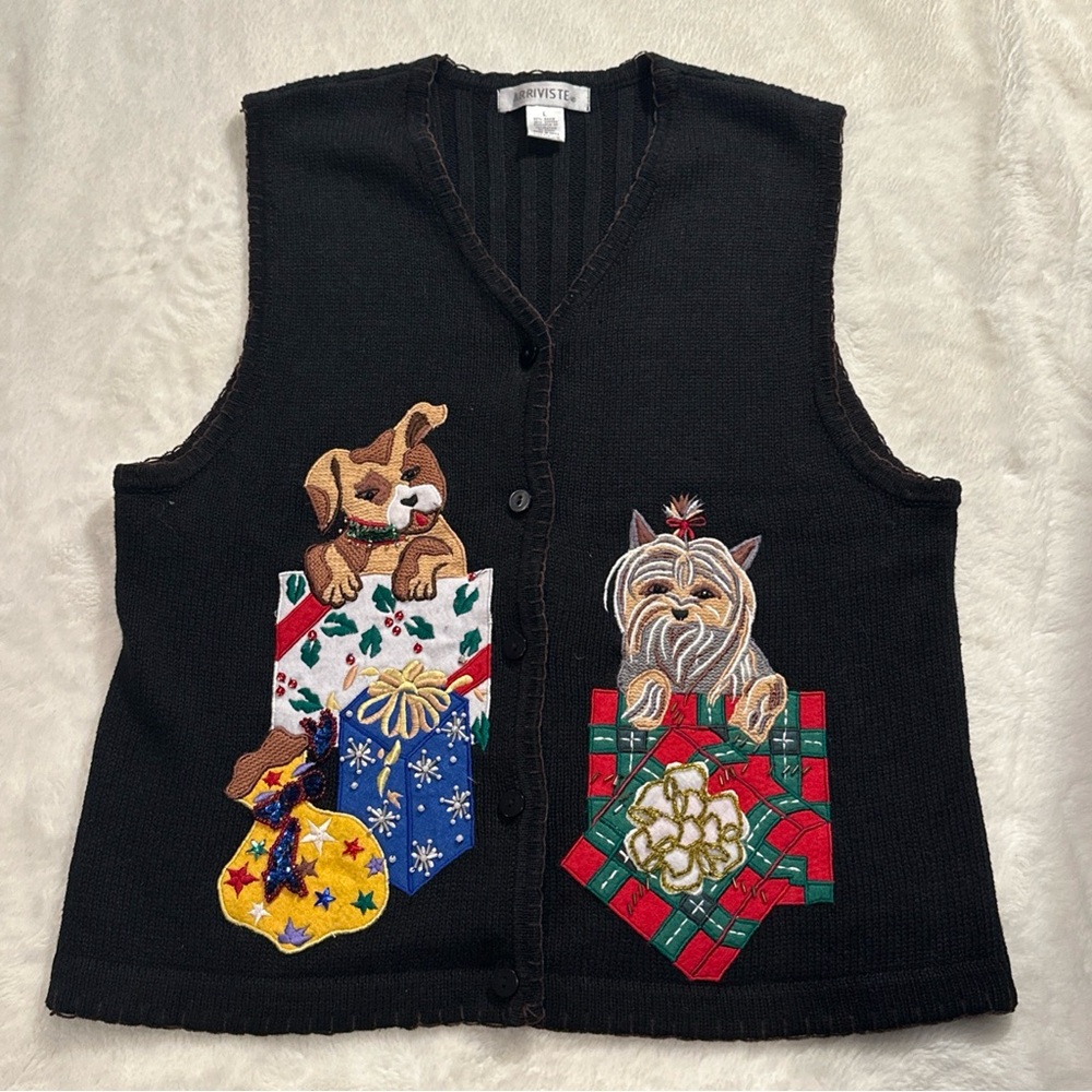 Arriviste Black‎ Dog Christmas Vest Sweater Knit Holiday Novelty L